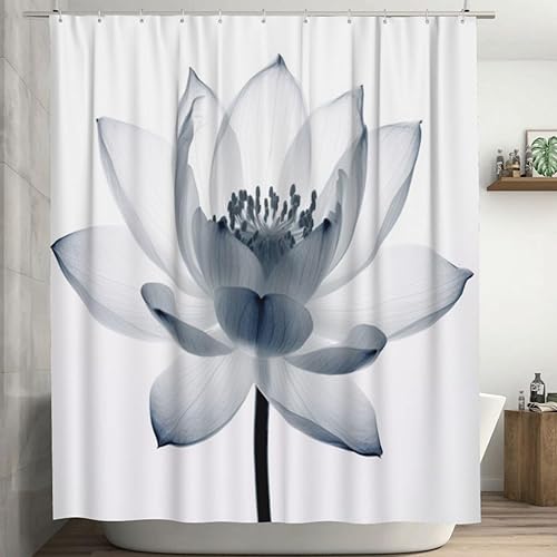 YLATY2974 - Cortina de ducha de flores abstractas para baño, juego de cortina de ducha bohemia floral blanca y azul, tela transparente, moderna,