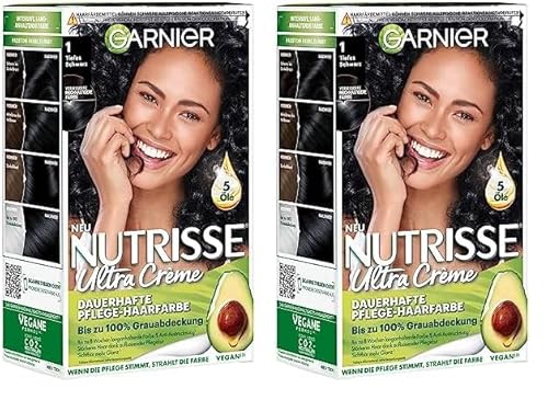 Garnier Nutrisse Dauerhafte Pflege-Haarfarbe mit nährenden Fruchtölen, Coloration mit 8 Wochen Halt, Ultra Crème Tönung, 10 Liquorice (Packung mit 2)