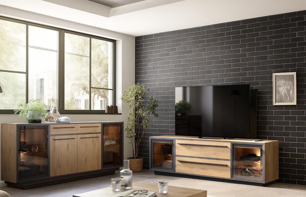 moebel-dich-auf Wohnwand Nardo in Wildeiche Verschiedene Board-Sets, Lowboard, Sideboard, Braunglas, Softclose, inkl. LED-Beleuchtung