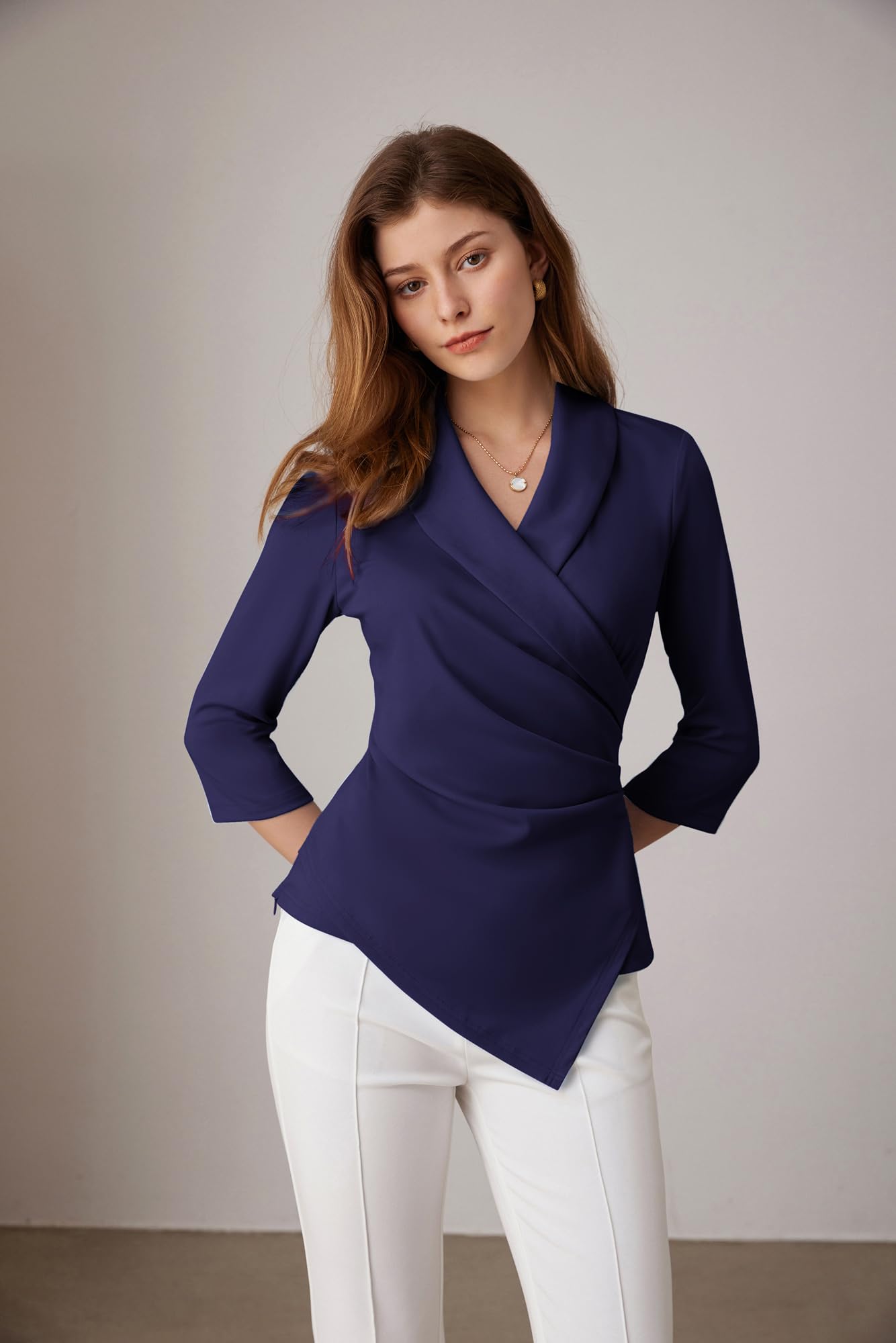 GRACE KARIN Top da donna con scollo a V, maniche a 3/4, camicia a tunica, elegante, plissettata, camicetta da ufficio casual