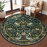 Rugalia Vintage Floral Round Rugs 5ft, Washable Boho Circle Rug for Living Room, Soft Non-Slip Botanical Nursery Circular Carpet, Navy Blue Flower Birds Throw Rug for Kids Room Bedroom