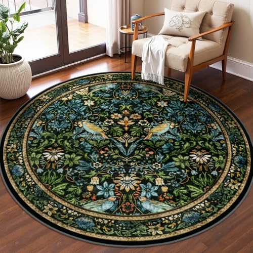 Rugalia Vintage Floral Round Rugs 5ft, Washable Boho Circle Rug for Living Room, Soft Non-Slip Botanical Nursery Circular Carpet, Navy Blue Flower Birds Throw Rug for Kids Room Bedroom