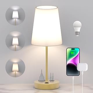 Addtam Bedside Table Lamp: 3-Way Dimmable with USB-C PD 20W, USB-A QC 18W & AC Outlet, Linen Shade for Bedroom Nightstand, Office Desk