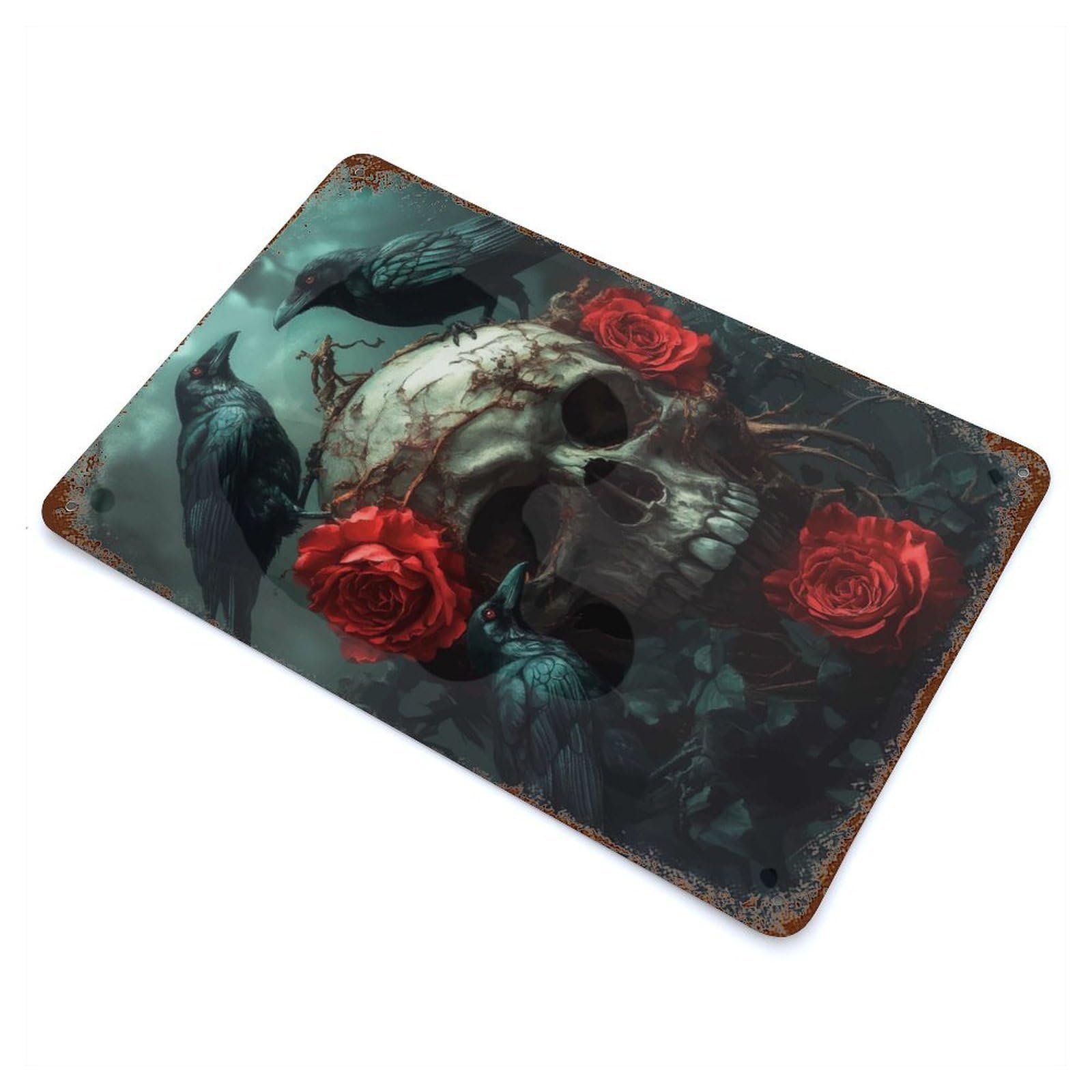 Aged Metal Wall Plaque with Skull with Crows And Roses Design 11.8"x7.9", for Basement, Hobby Room And Garage Decor, Farmhouse Wall Decor