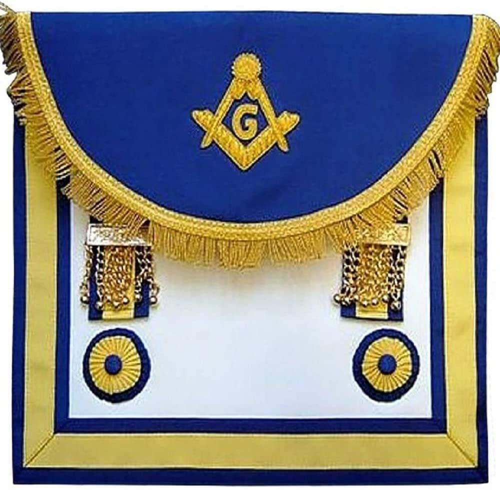 Tablier Master Mason brodé main bleu et jaune, le cadeau maçonnique idéal