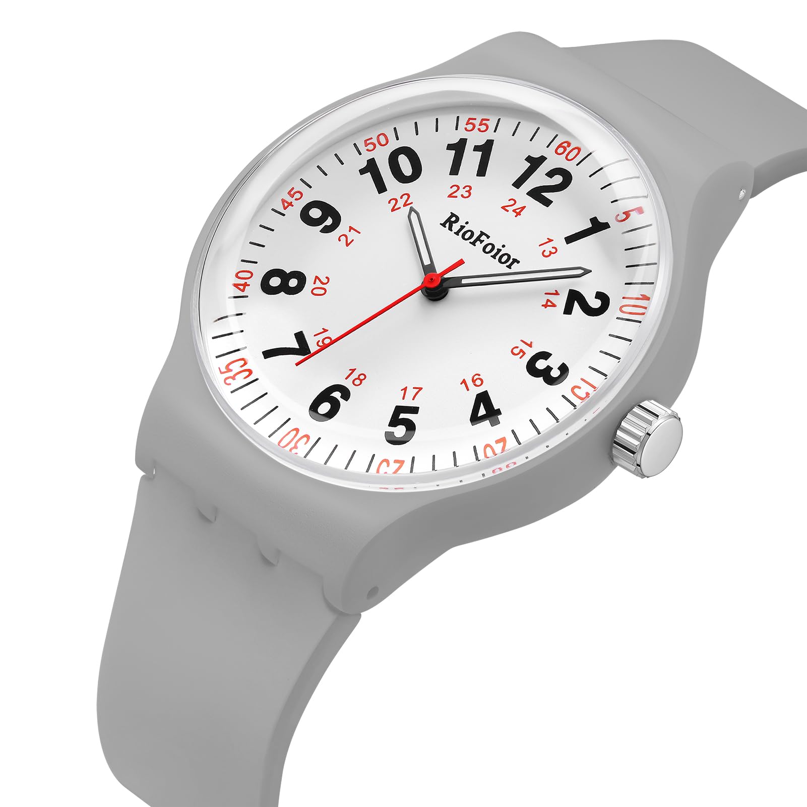 RioFoior Waterproof Analog Nurse Watch for Nurses,Students,Medical Professionals,Women,Men with Easy to Read Military Time Dials,Second Hand,Soft Breathable Gray Silicone Strap.