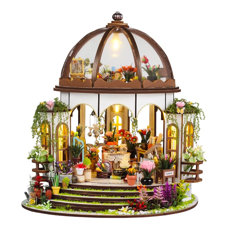 QatmMkt DIY Miniature House Kit, Wooden Garden Mini House with LED Light, Creative Dollhouse Kit, Model Building Kit for Adults, Kids