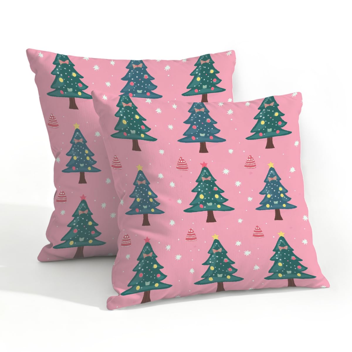 Outdoor Pillow Covers Waterproof Pillowcases 20x20IN Set of 2 Green Christmas Tree on Pink Decorative Throw Cushion Case for Couch Sofa Garden Patio Furniture