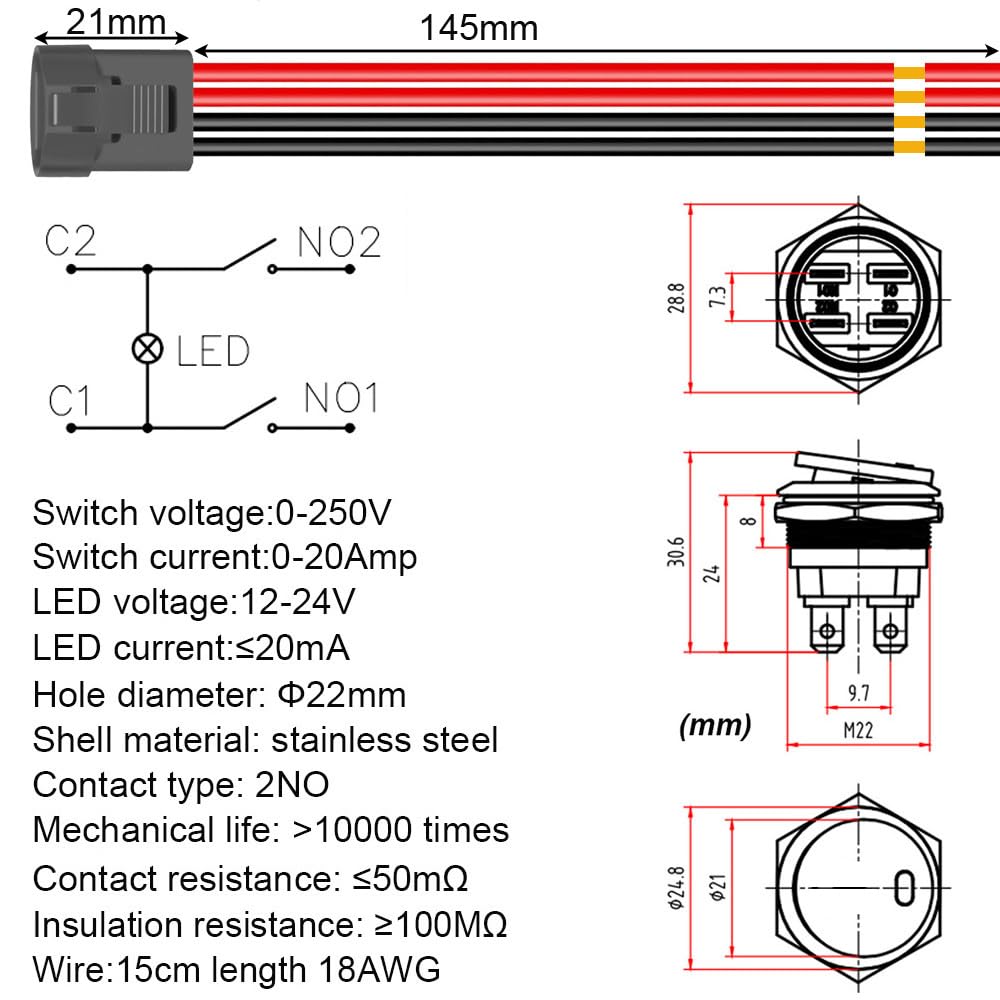Guuzi Interruttore a Bilanciere Rotondo Impermeabile in Acciaio Inossidabile da 22mm con LED Verde Illuminato Acceso/Spento Interruttore a Levetta Illuminato a 4 Pin 12-24V/15A