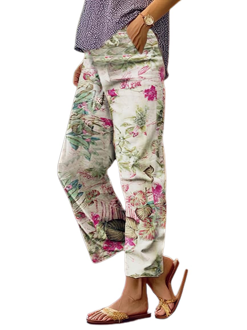 Women's Casual Boho Floral Cotton Linen Pants Elastic Waist Drawstring Summer Beach Baggy Trousers with Pockets