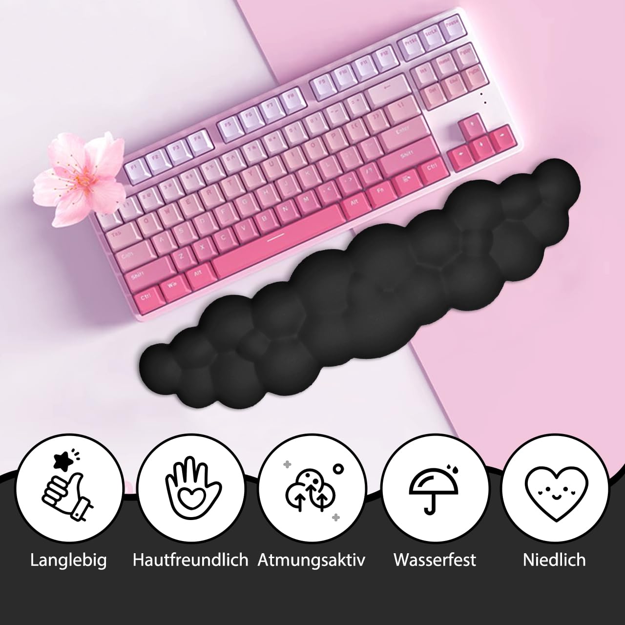 Poggiapolsi per tastiera in pelle con memory foam, base antiscivolo in PU, nero