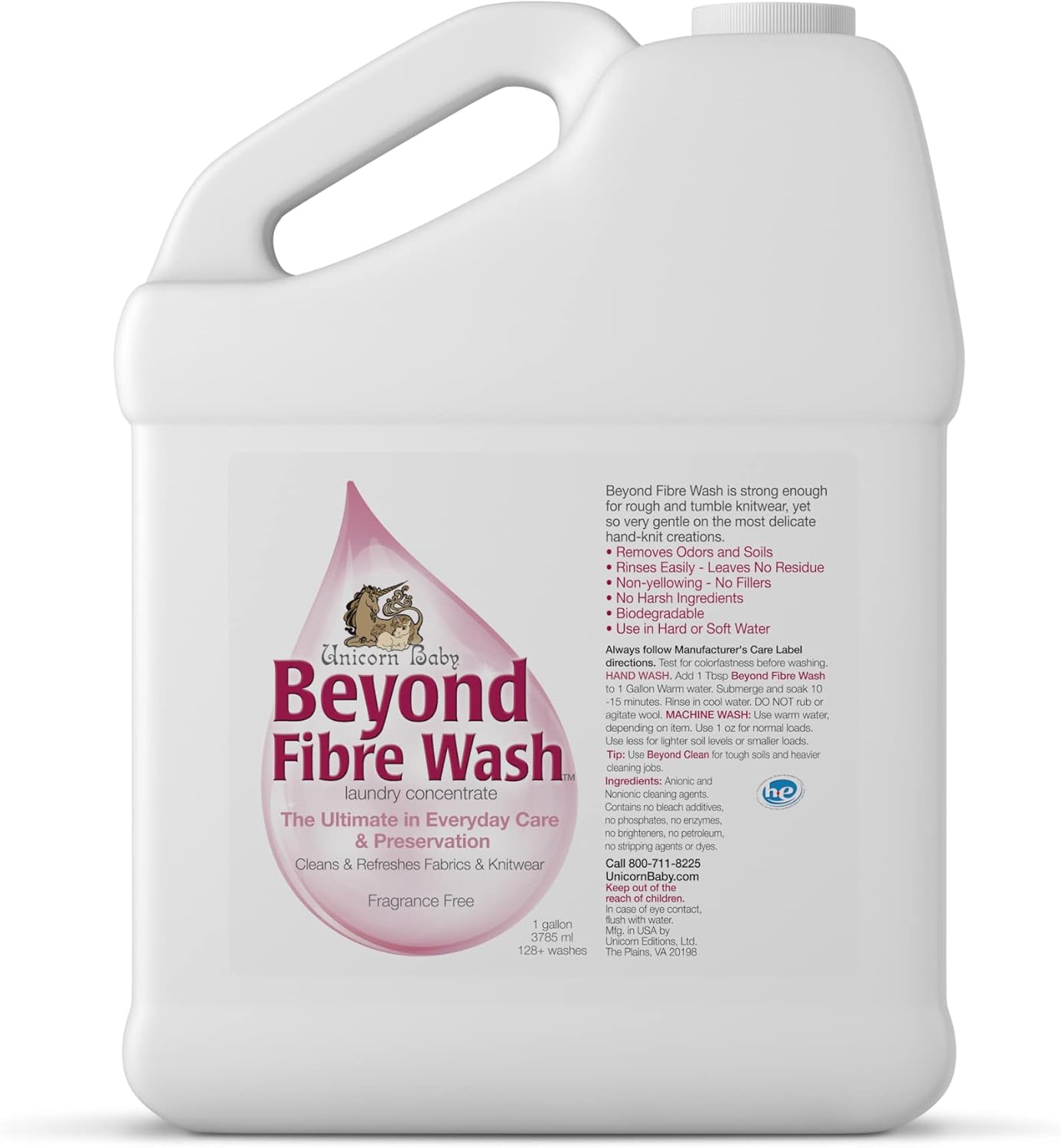 UNICORN BEYOND FIBRE WASH. Daily Wash Detergent for all Types of Fibers. Delicates Heirlooms, Wool, Cashmere, Cotton, Hemp, Alpaca, Sheepskin, Silk, and Synthetics Fabrics. Fragrance-Free. 1 Gallon.