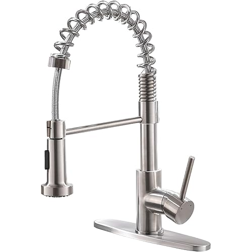 VCCUCINE Stainless Steel Kitchen Faucet, Farmhouse Kitchen Faucet with Pull Down Sprayer, Brushed Nickel Faucet for Kitchen Sink, Commercial Outdoor Single Handle Kitchen Sink Faucet，FSTVC006LVC-D-1
