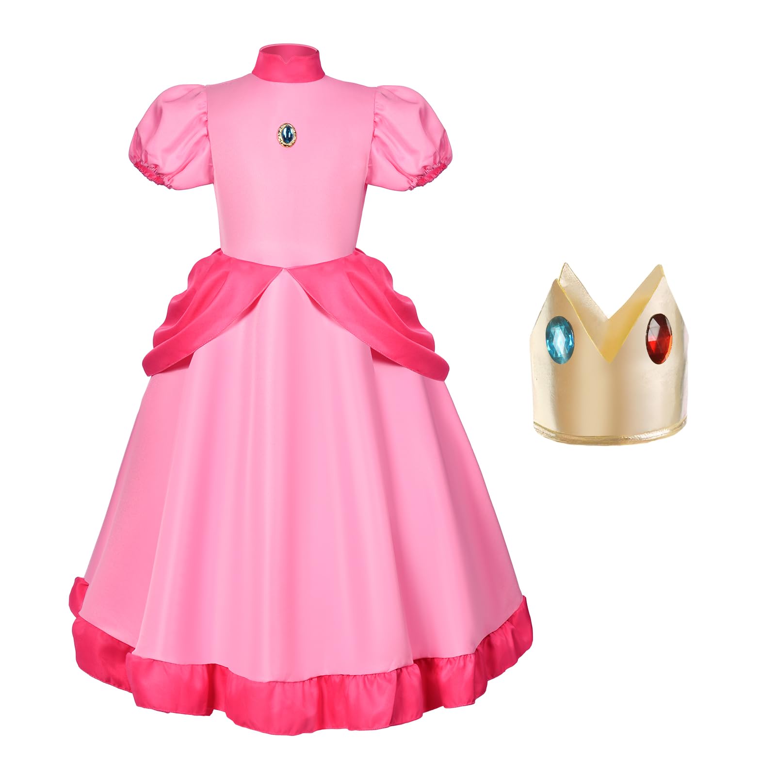 Aomig Princess Peach Costume for Girls, 2 Pcs Super Bros Pink Princess Dress Up with Crown & 2 Hair Clips, Pink Princess Peach Outfit, Kids Fairy Peach Princess Dress for Cosplay Halloween