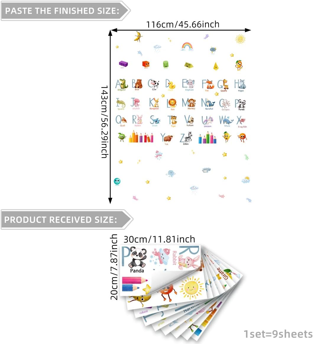 Animal Alphabet Wall Decals,64 Pcs Educational Learning Wall Stickers & Murals with ABC Letters Fruits Weather Shapes Wall Decals Peel and Stick Removable for Kids Nursery Playroom Classroom Decor