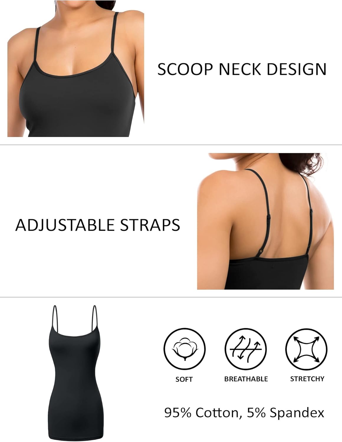 Long Cotton Camisole Spaghetti Strap Tank Top for Women Basic Cami Tops Womens Undershirts - Pack 1-4 - Image 3