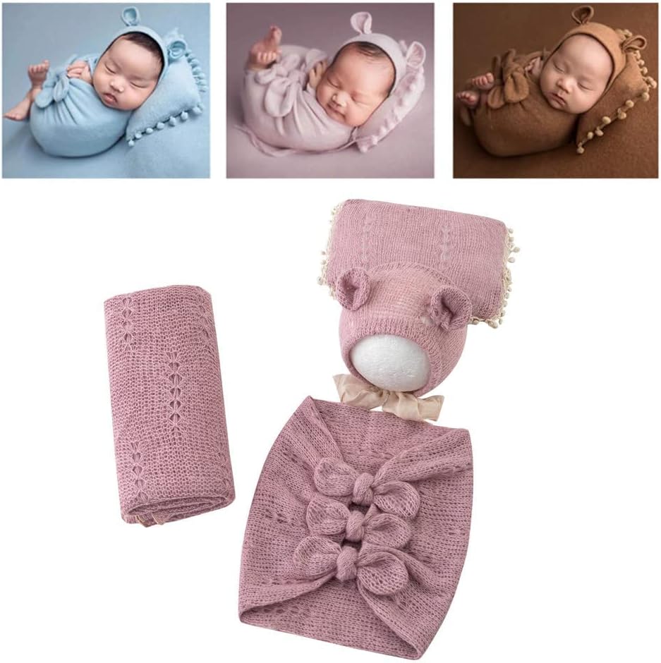 Newborn Baby Boy Girl Photography Props Bow Wrap, Posing Aid, Hat and Blanket Set of 4 Pcs