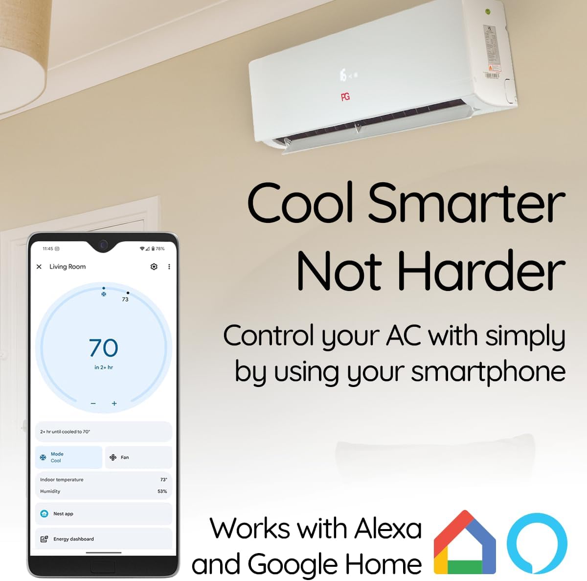 Smartphone screen displaying the PG air conditioner control app, showing temperature settings and integration with Alexa and Google Home logos.
