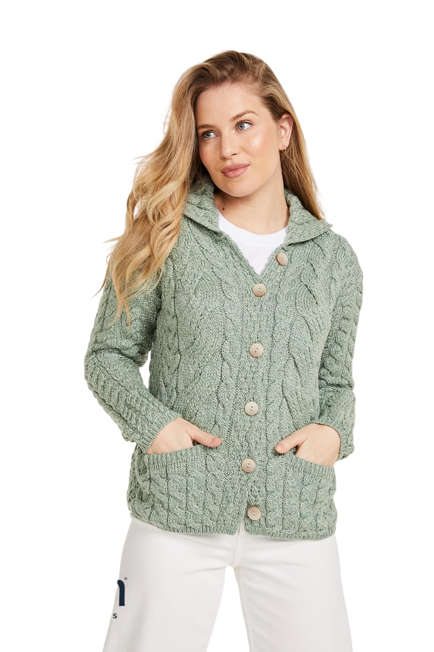 Aran Woollen Mills Ladies Buttoned Cabled Cardigan (Seafoam Green, L)