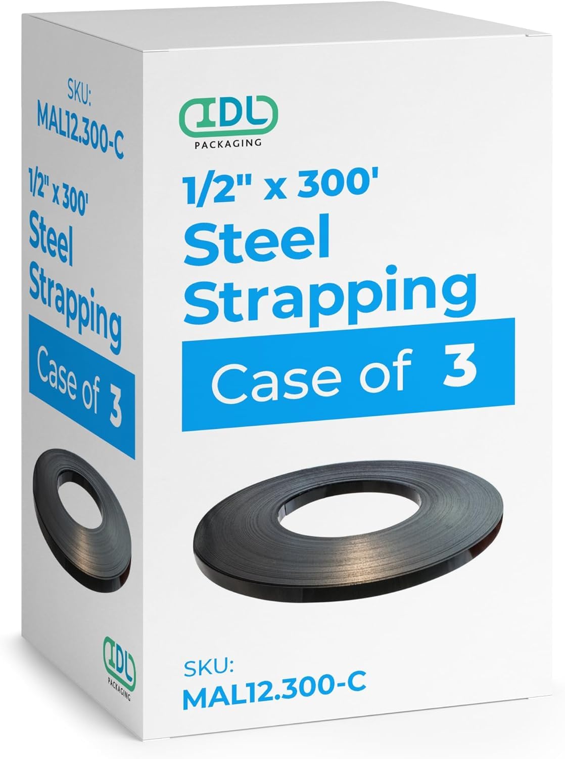 Steel Strapping Coil 1/2" x .020" x 300' (3-Pack), 1100 lbs Break Strength in Self-Dispensed Сardboard Box - Metal Band - Portable Heavy-Duty Banding with Superior Cut-Resistance by IDL Packaging