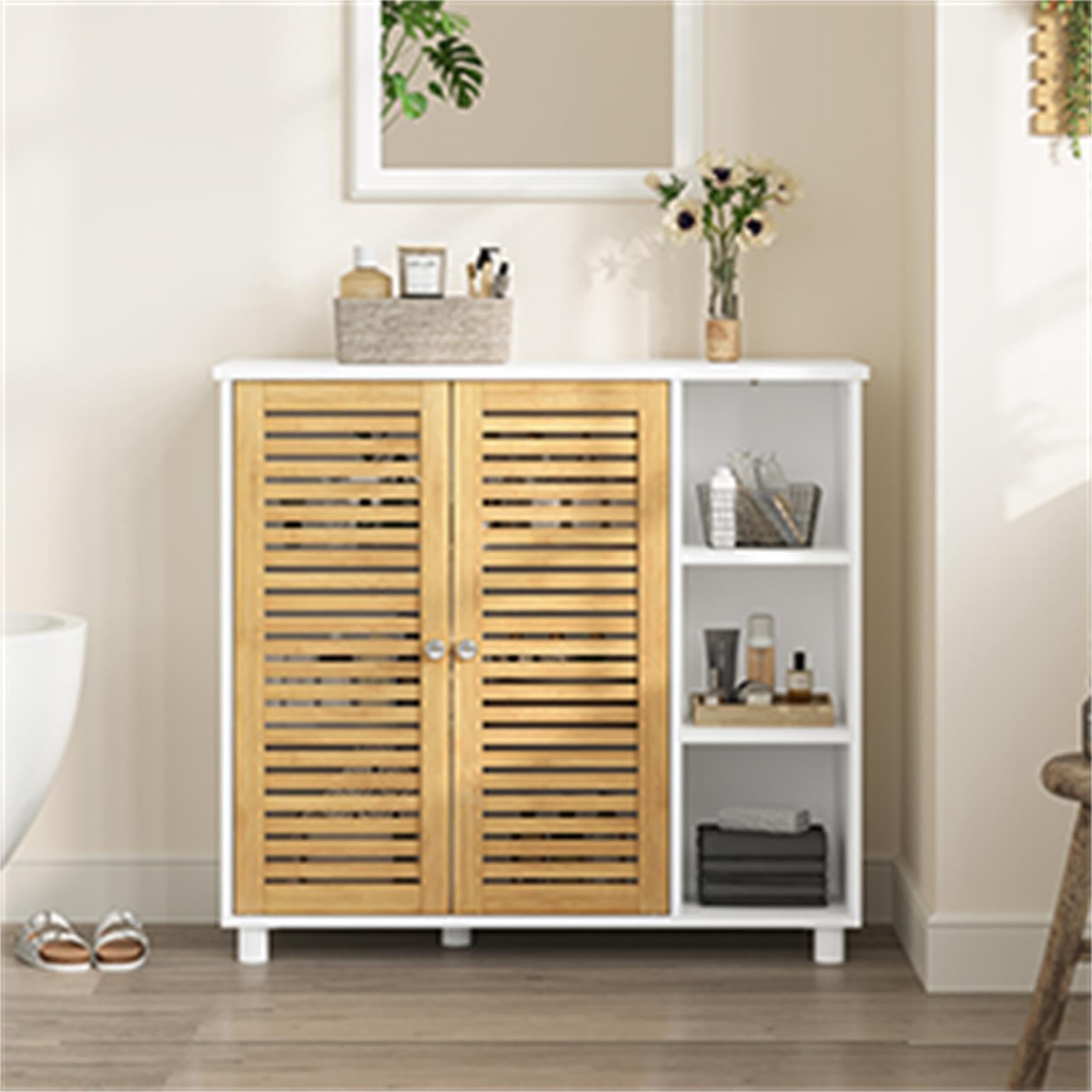 Meuble de Salle de Bain, Commode, Meuble Rangement Salle de Bain avec 3 Étagères Ouvertes et 2 Portes en Bambou, Armoire Gain de Place pour Salle de Bains, Cuisine, Salon, 77 × 30 × 80CM