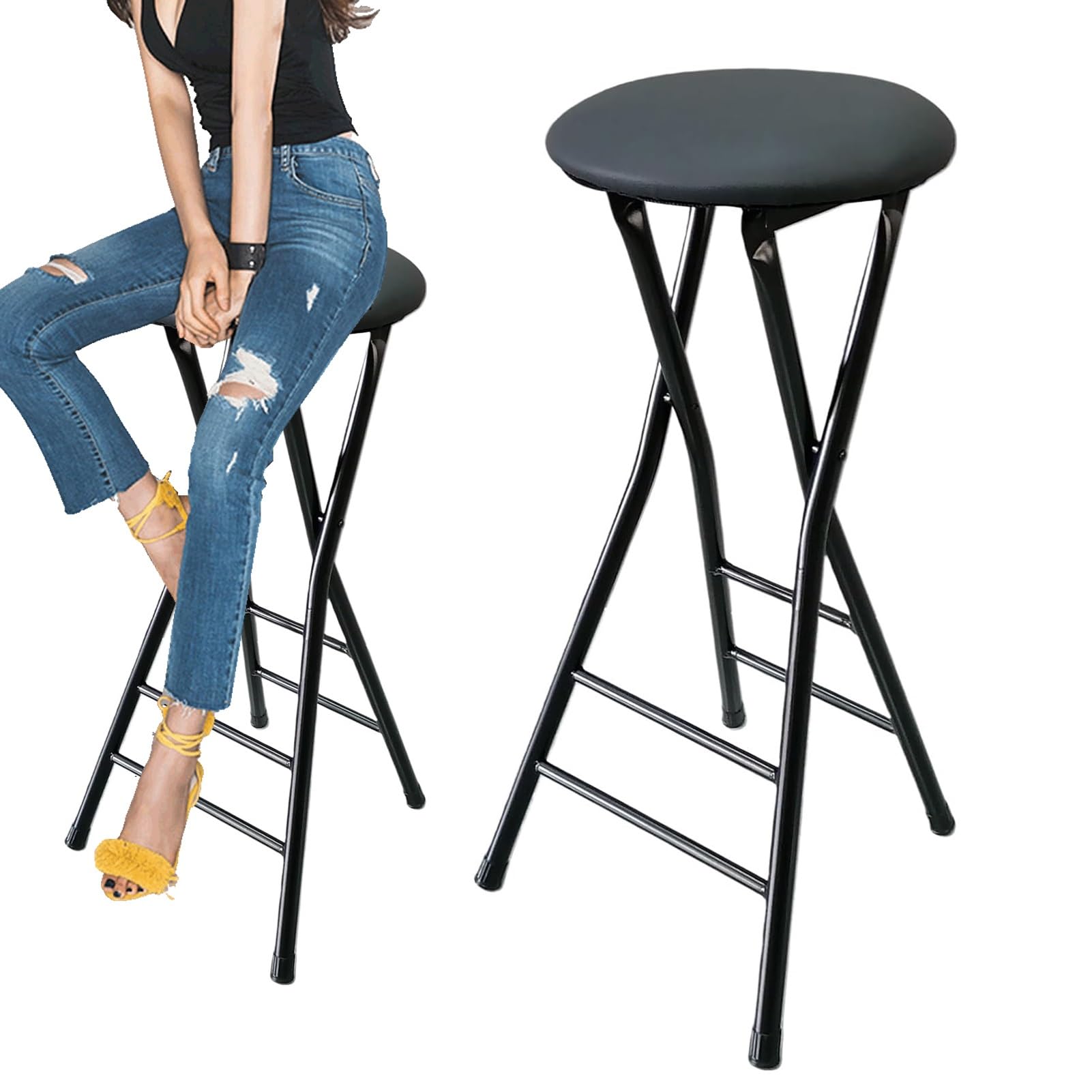 Taburete de bar plegable resistente sin respaldo con reposapiés, capacidad de 300 libras, plegable y acolchado, redondo, taburete de cocina de 28 pulgadas de alto, color negro, para mostrador de
