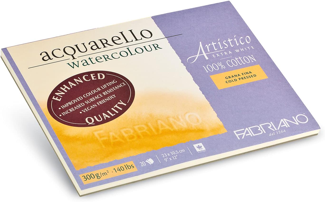 Fabriano Artistico Acquarello, Extra White, Fine Grain, Cold Pressed, 23 x 30.5 cm, 20 Sheets, 300 g/m², Artists' Watercolour Cardboard, Pad Glued on 4 Sides, 23 x 30,5 cm