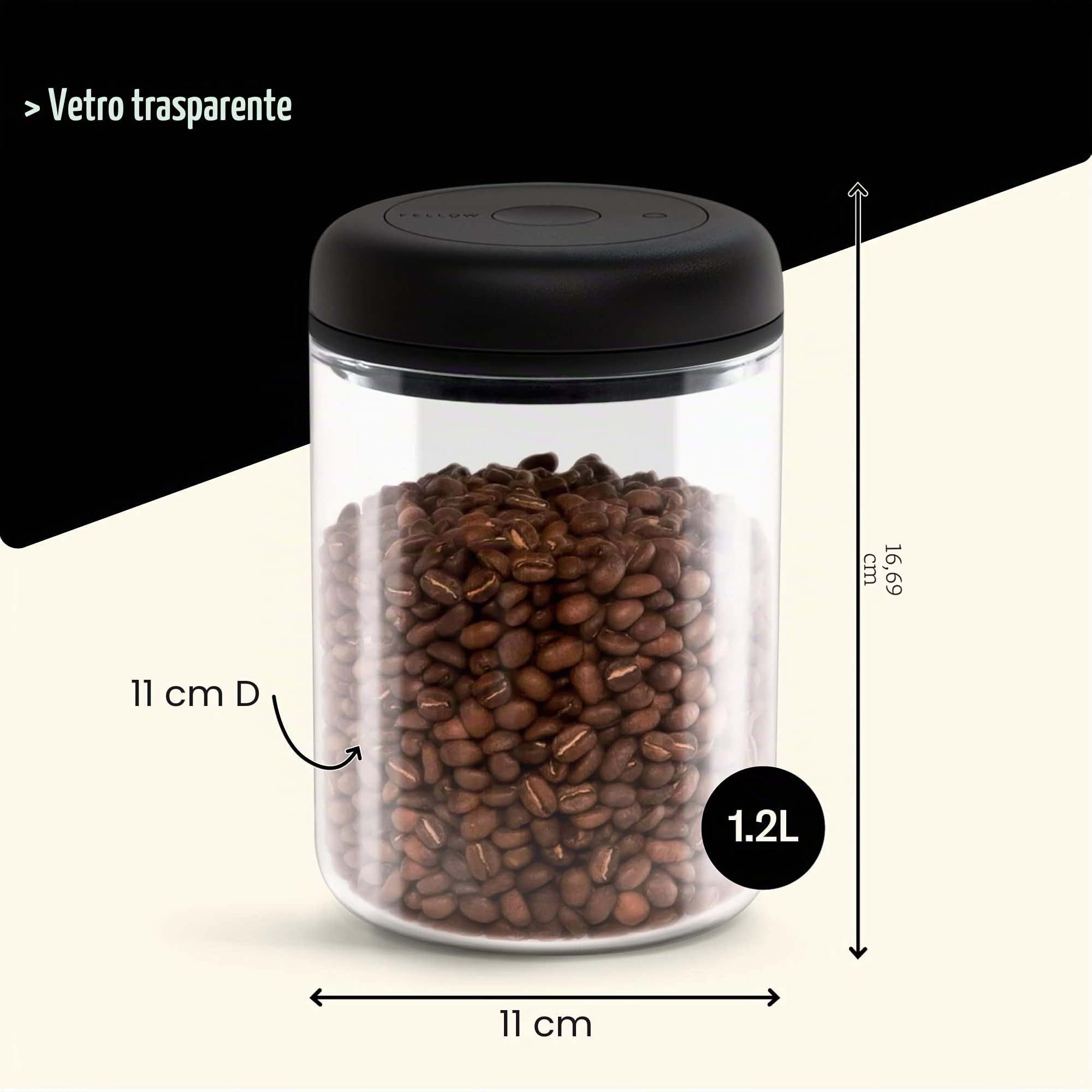 Fellow Contenitore per il vuoto per la conservazione di caffè e alimenti, pompa per vuoto integrata, chiusura ermetica 1,2 litro Vetro trasparente