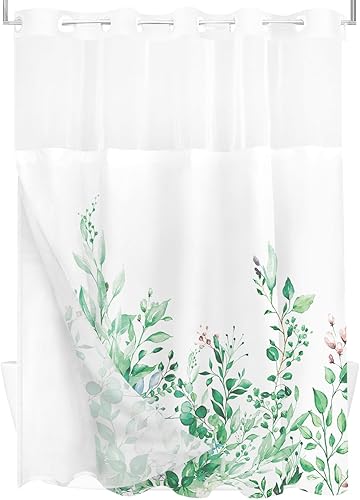 Vista 198 de Tititex - Juego de cortinas de ducha de eucalipto verde oliva, hojas de acuarela en la parte superior con decoración floral de baño, 60 x 72 Hojas