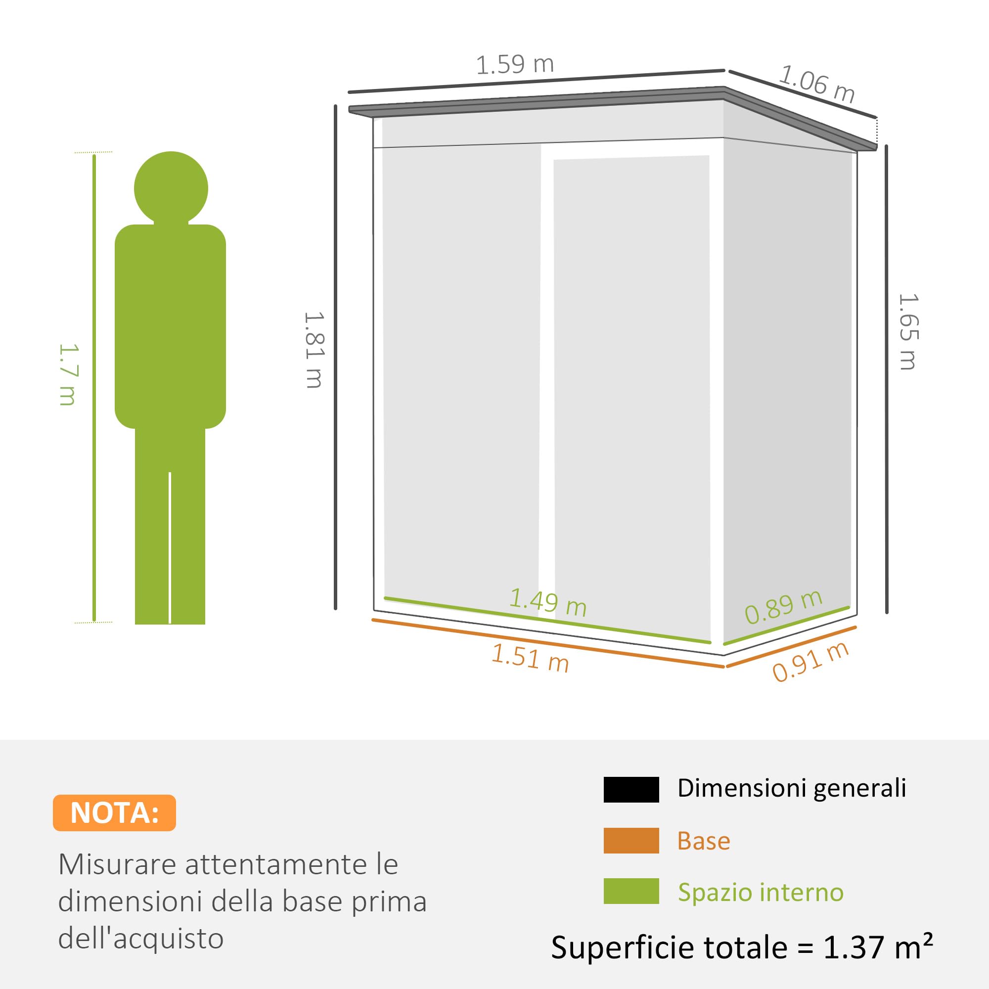 Outsunny Casetta da Giardino 1.37m² Metallo Porta Attrezzi 159x106x181 cm Grigio Scuro