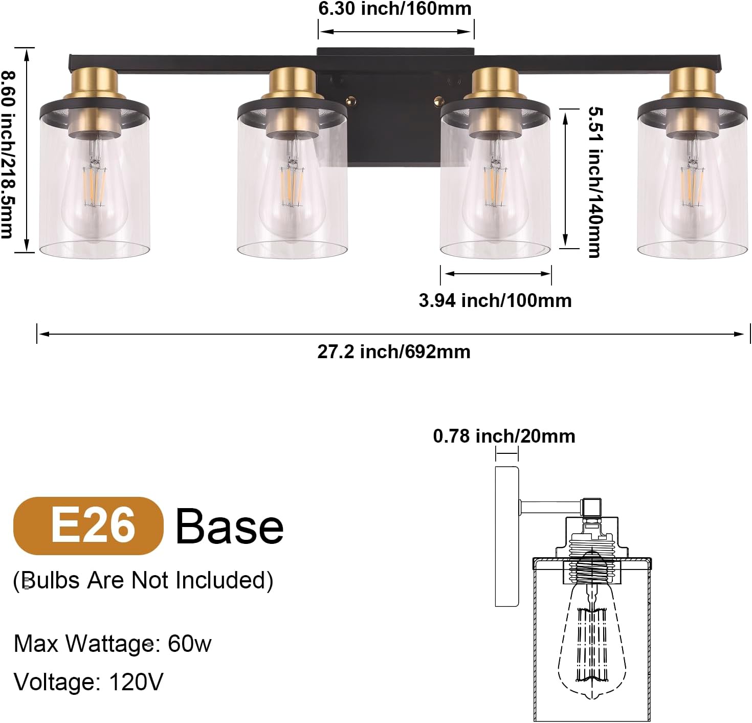 4-Lights Bathroom Vanity Light Fixtures, Modern Black Wall Lamp Over Mirror with Clear Glass Shade for Living Room, Hallway, Kitchen,Toilet, Cabinet Porch