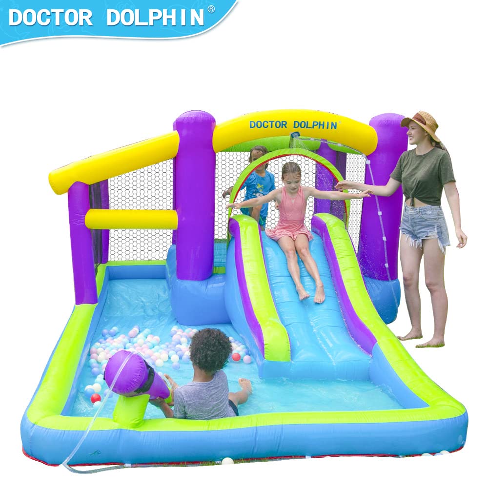 Doctor Dolphin Bounce House Waterslide for Kids Backyard Outdoor Pool with Slide Water Bouncy House with Blower Inflatable Water Park with Water Gun, Splash Pool, Bounce Area