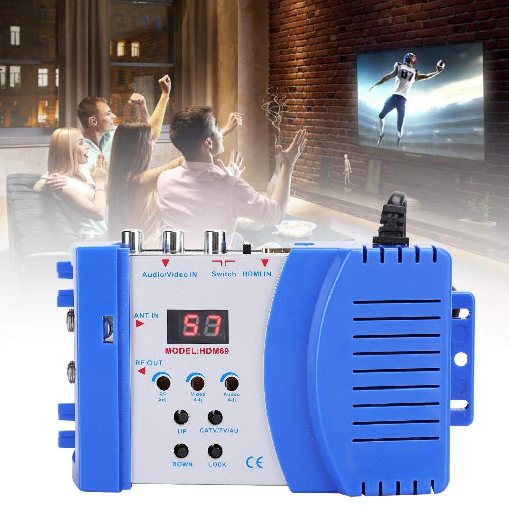Modulador HDMI, convertidor Digital HDM69 AV a RF Modulador portátil estándar PAL/NTSC, frecuencia de Funcionamiento VHF/UHF, Salida de Formato de TV NTSC y PAL (EU 100-240V)