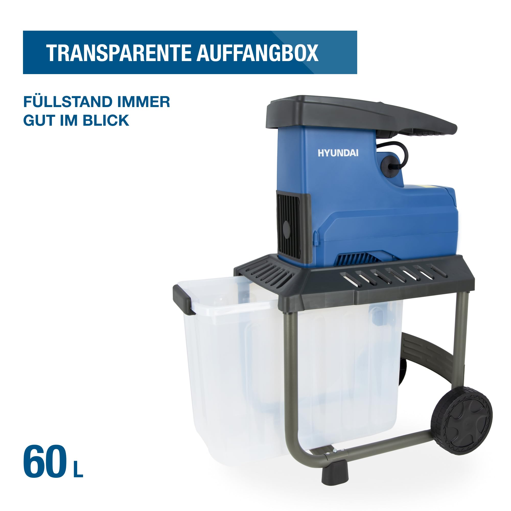 HYUNDAI Elektro-Gartenhäcksler GH28045E | 2.800W, max. 45 mm Aststärke | 60L Box | Selbsteinzug und Rücklauf | Leiser Walzenhäcksler