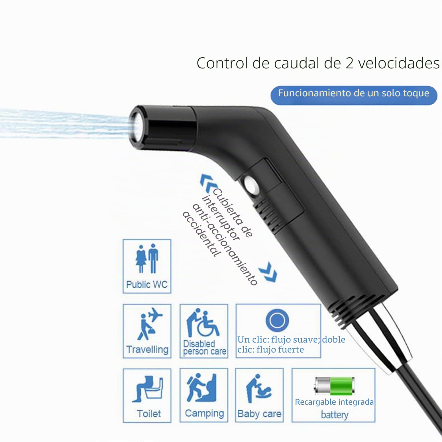Pulverizador de bidé de mano para ducha musulmana para baño, ducha de camping, portátil, 800 mAh, con carga USB, contenedor de agua de 2,3 L (negro)