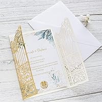 Vista 5 de MillaSaw Invitación de puerta dorada metálica para boda, matrimonio, quinceañera, sirena, aniversario, 25 juegos (oro metálico, 4.9 x 7.1 pulgadas)
