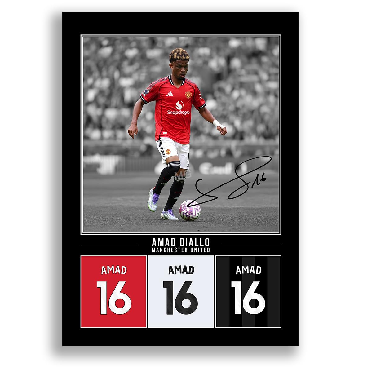 Amad Diallo Manchester United Signed Photo Poster Print Picture Display Framed Autograph Memorabilia for Football Fans Gift Man Utd Ivory Coast (A4 poster Only Black)