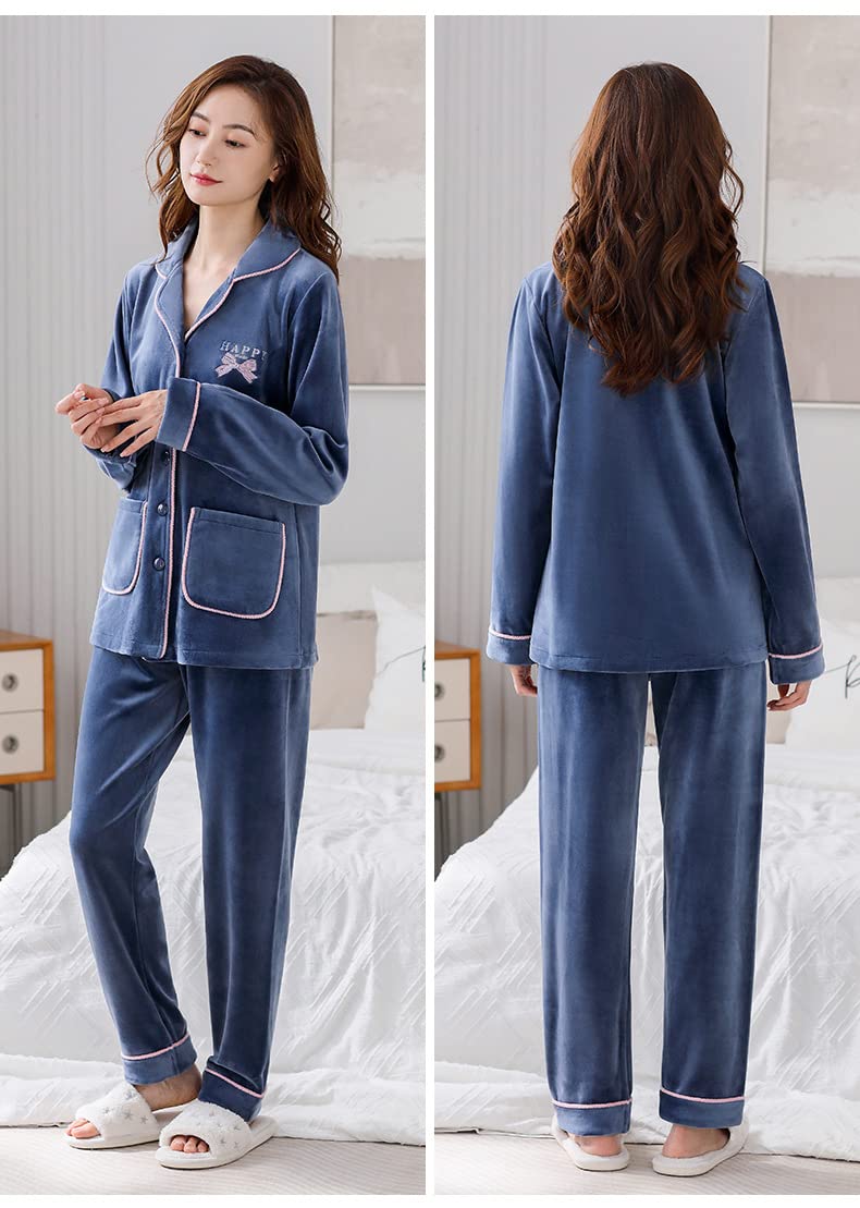 LUBOSE Pijama de franela para mujer, conjunto de ropa de descanso, 2 piezas, pijama con botones, ropa de descanso térmica (M, azul marino)
