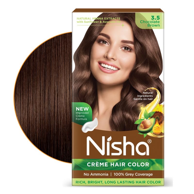 Image of Nisha Creme Hair Color Cream Chocolate Brown 3.5, 120g, Long Lasting Hair Dye for Grey Coverage, Natural Shine, Smooth Finish, For Men & Women, Pack of 1