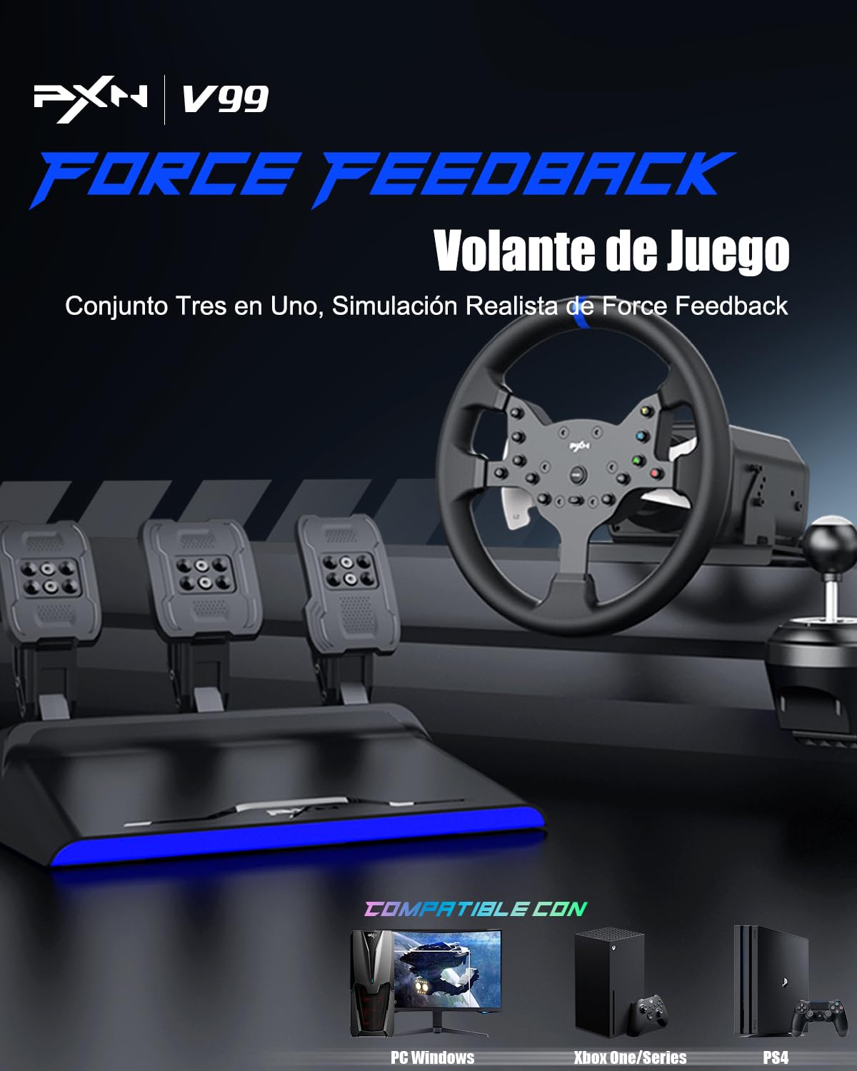PXN V99 Volante de Juego – Force Feedback de 3,2 Nm, 270°&900°, 300 mm, 4 Palancas, 3 Pedales, Palanca de Cambios en H, App de Configuración – Volante para PC, Xbox y PS4