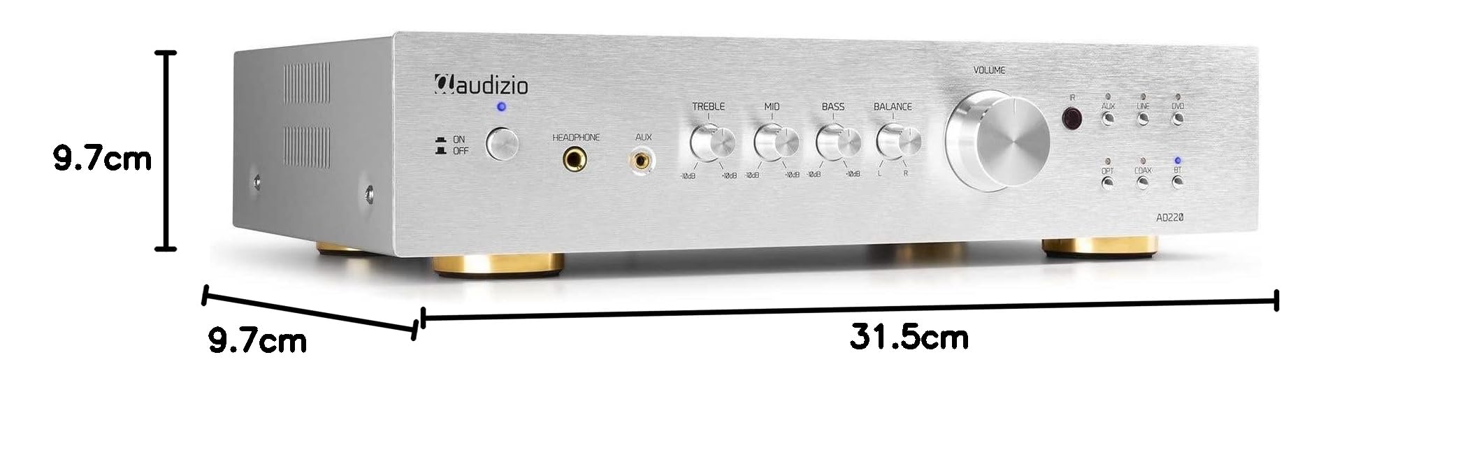 Audizio AD220A Amplificador estéreo Hi-FI de 400w y Bluetooth, 1 Salida subwoofer, Salida óptica y coaxial, 2 Salidas de Altavoz, MP3, Ideal para Ver peliculas o Escuchar tu música, Color Aluminio