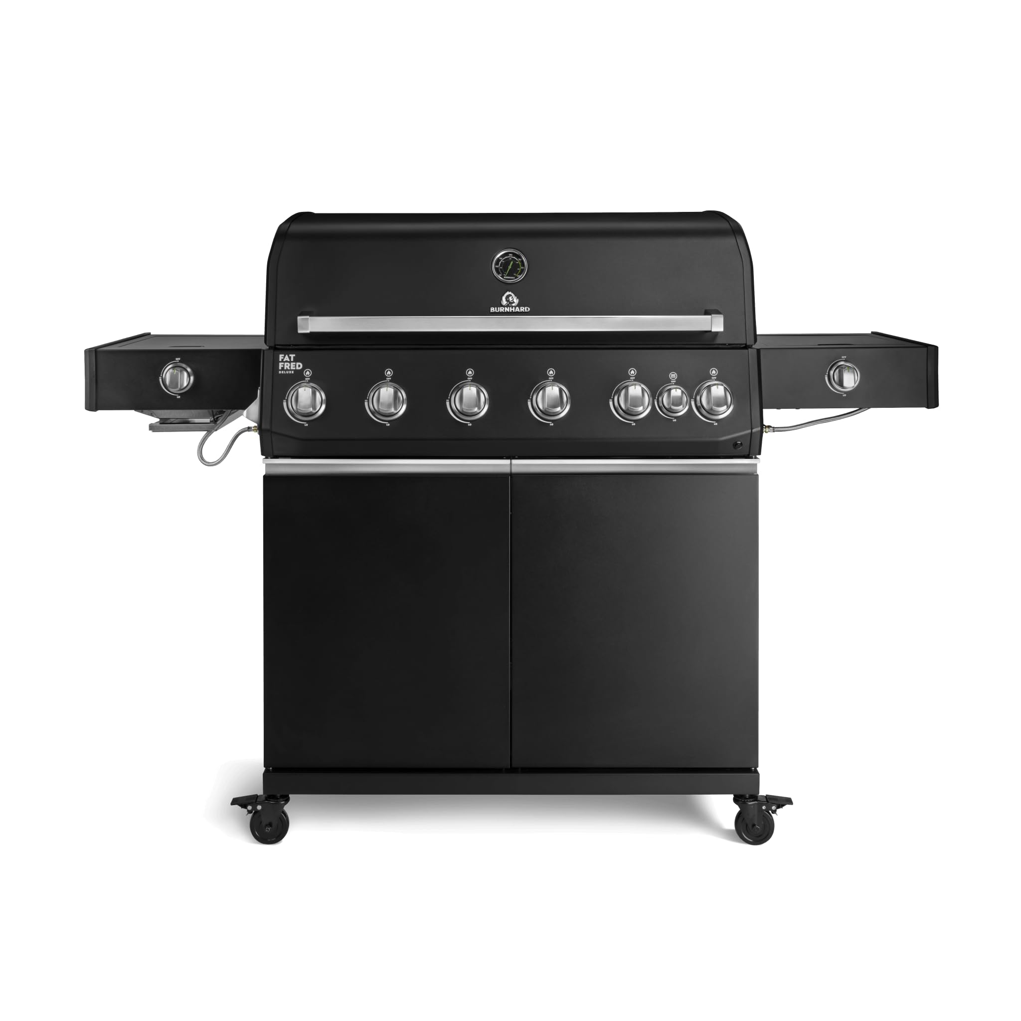 BURNHARD® Fat FRED Deluxe+ Gasgrill 6-Brenner, Edelstahlrost, Schwarz-Matt | 900°C Infrarot-Zone, Heckbrenner, Seitenkocher, Aludruckguss-Edelstahl-Brennkammer, Abdeckhaube, 30.7 kW Leistung