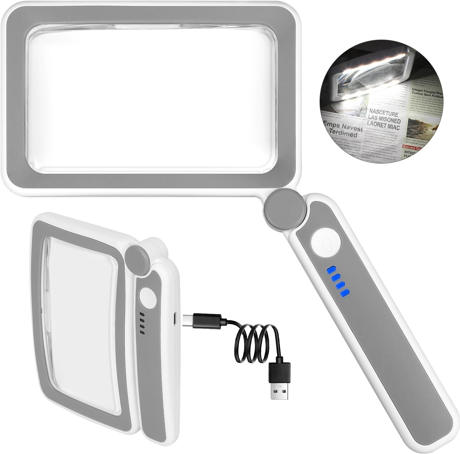 Rechargeable 5X Magnifying Glass for Reading, Handheld Page Magnifying Glass with Light for Low Vision Seniors, Lightweight LED Magnifier for Reading Books, Newspaper, Small Print