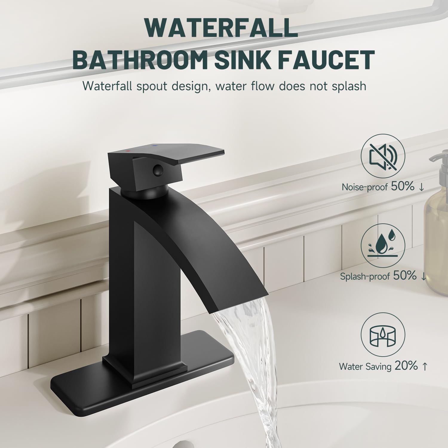 Matte Black Bathroom Sink Faucet, Greenspring Waterfall Bathroom Faucets,1 Hole Single Handle Brass Modern Commercial Bathroom Basin Tap with Pop Up Drain and Supply Line
