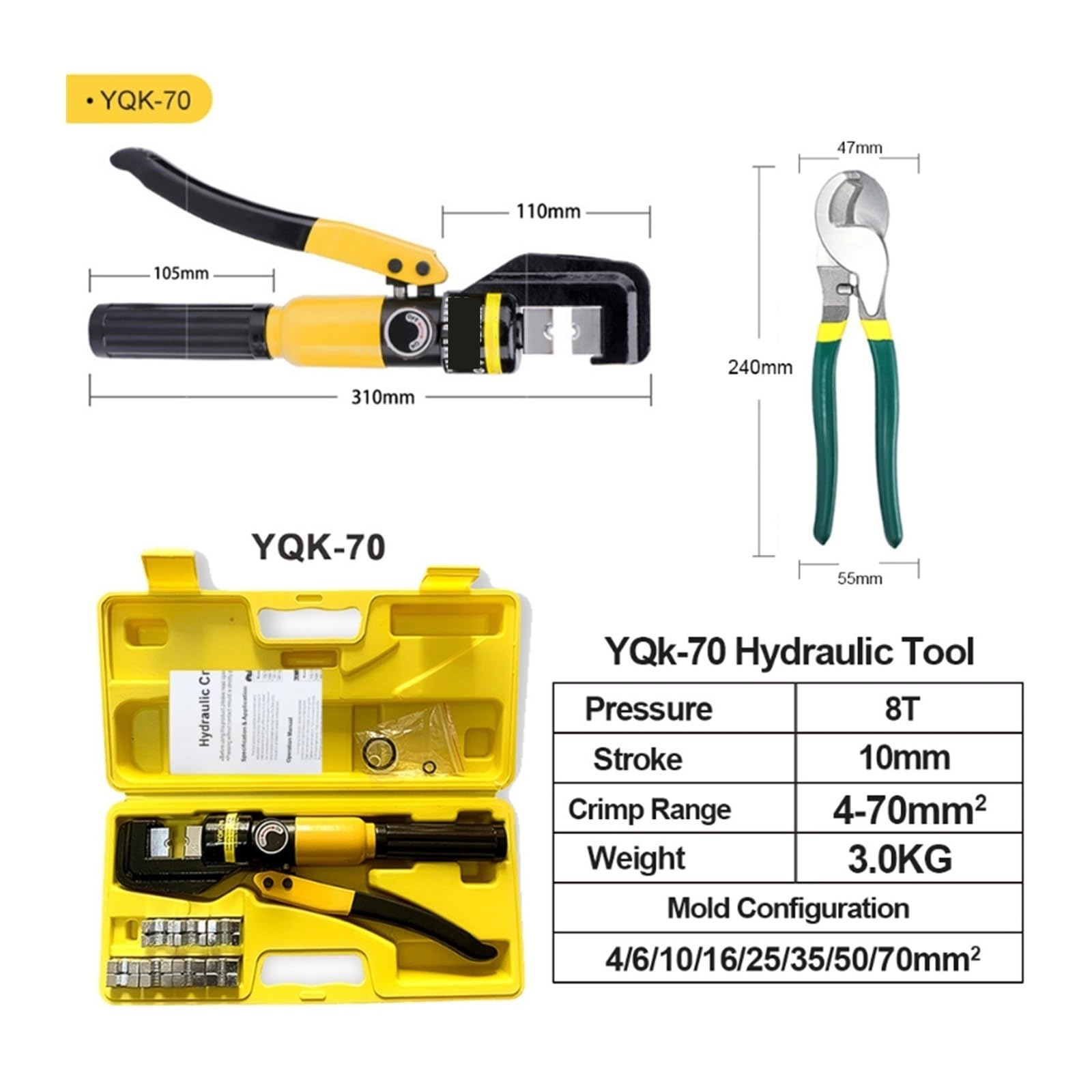 Szczypce do zaciskania 4-70 mm² Ciśnienie 8T Narzędzia domowe Szczypce Szczypce do zaciskania końcówek kablowych DIY(YQK-70-A)
