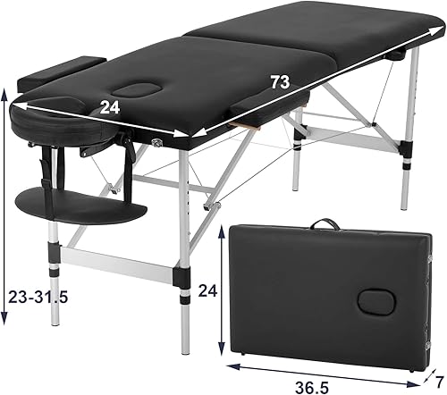 Miniatura 7 de Tyyps Mesa de masaje plegable de 73 pulgadas, mesa de masaje portátil de 2 pliegues, cama de spa con patas de aluminio, altura ajustable para salón