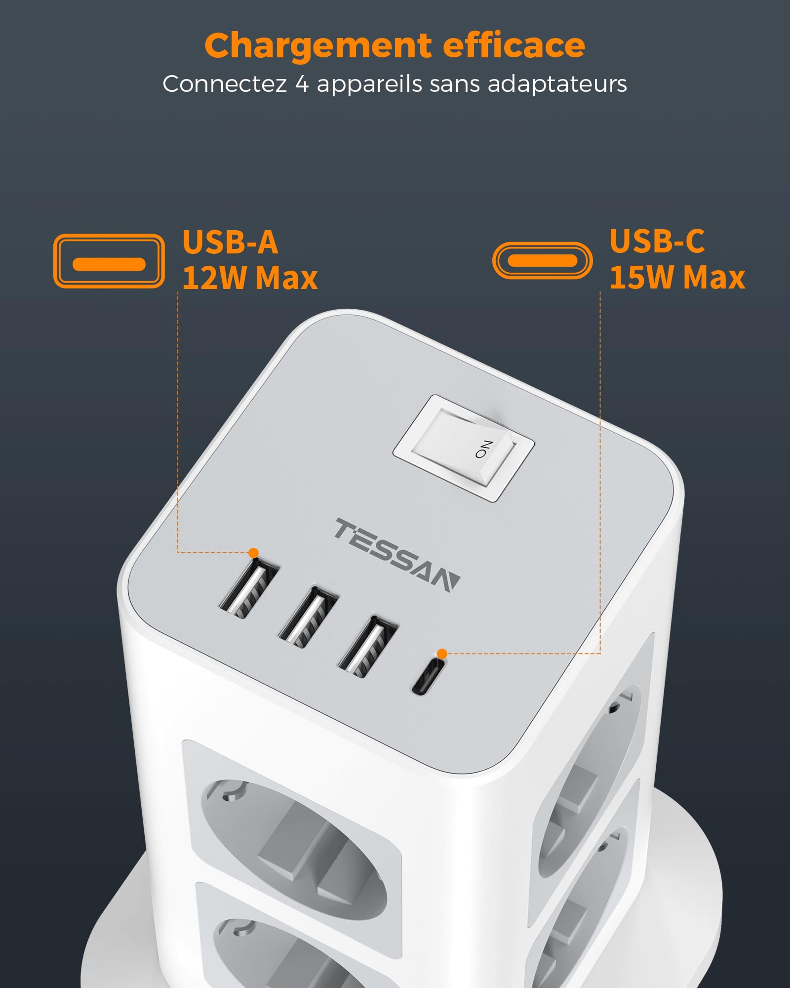 TESSAN Tour Multiprise 8 Sorties AC avec 4 USB (3A1C), Multiprise avec Interrupteur Rallonge Electrique 2m, Prise Multiple 3600W Parafoudre et Surtension, Convient pour Maison, Bureau, Gris