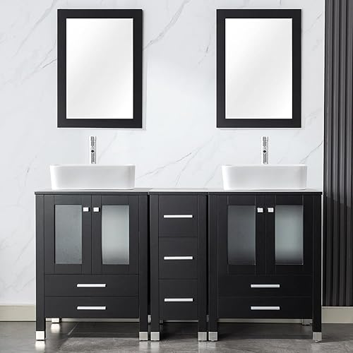 LUCKWIND Fregadero de baño doble de 60 pulgadas, serie elegante con gabinete lateral, construcción de madera maciza y marco pintado, incluye