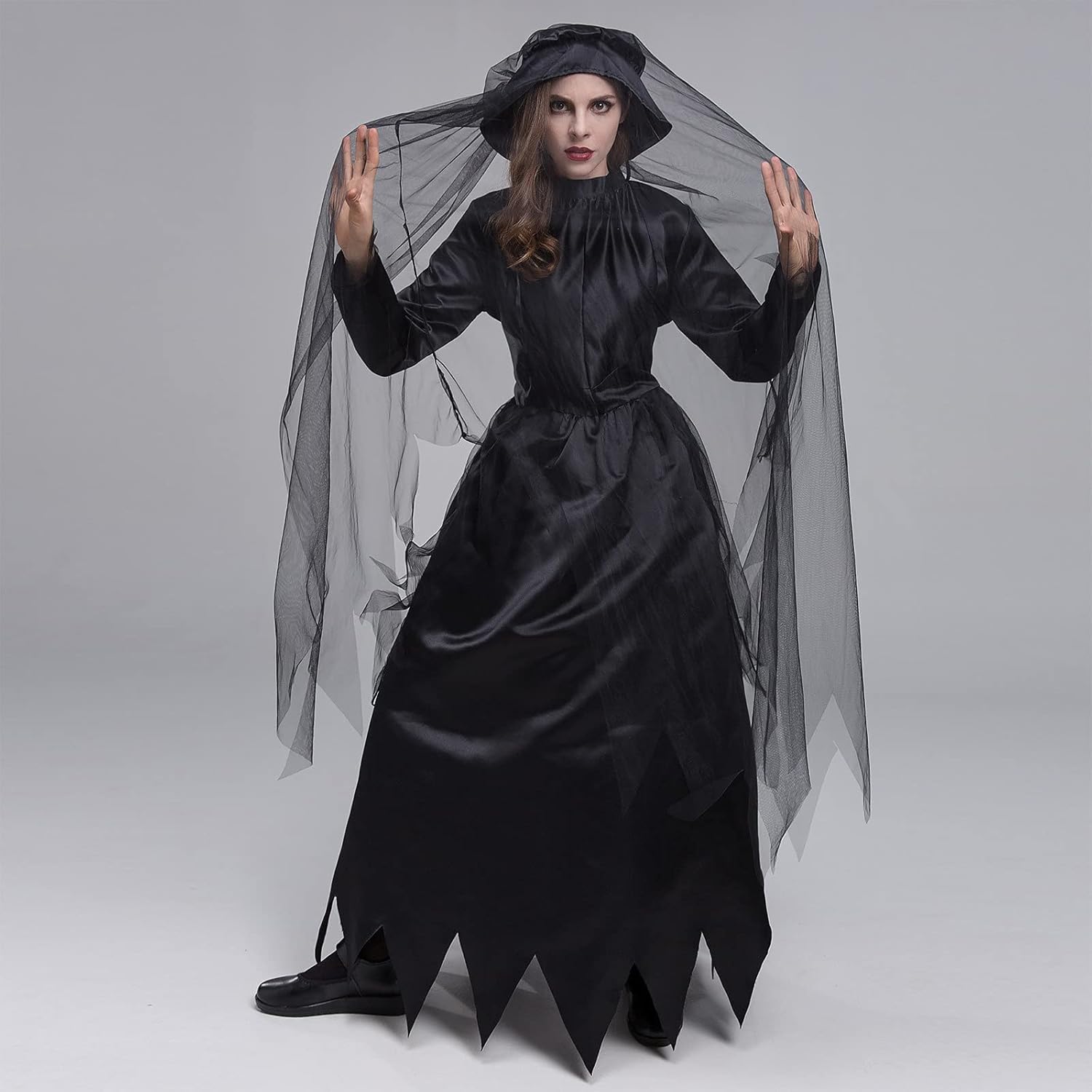 pbnbp Womens Witch Costumes Veil Cape Long Sleeve Halloween Cosplay Dresses Poet Sleeve Floor Length Ghost Bride Vampire Gown