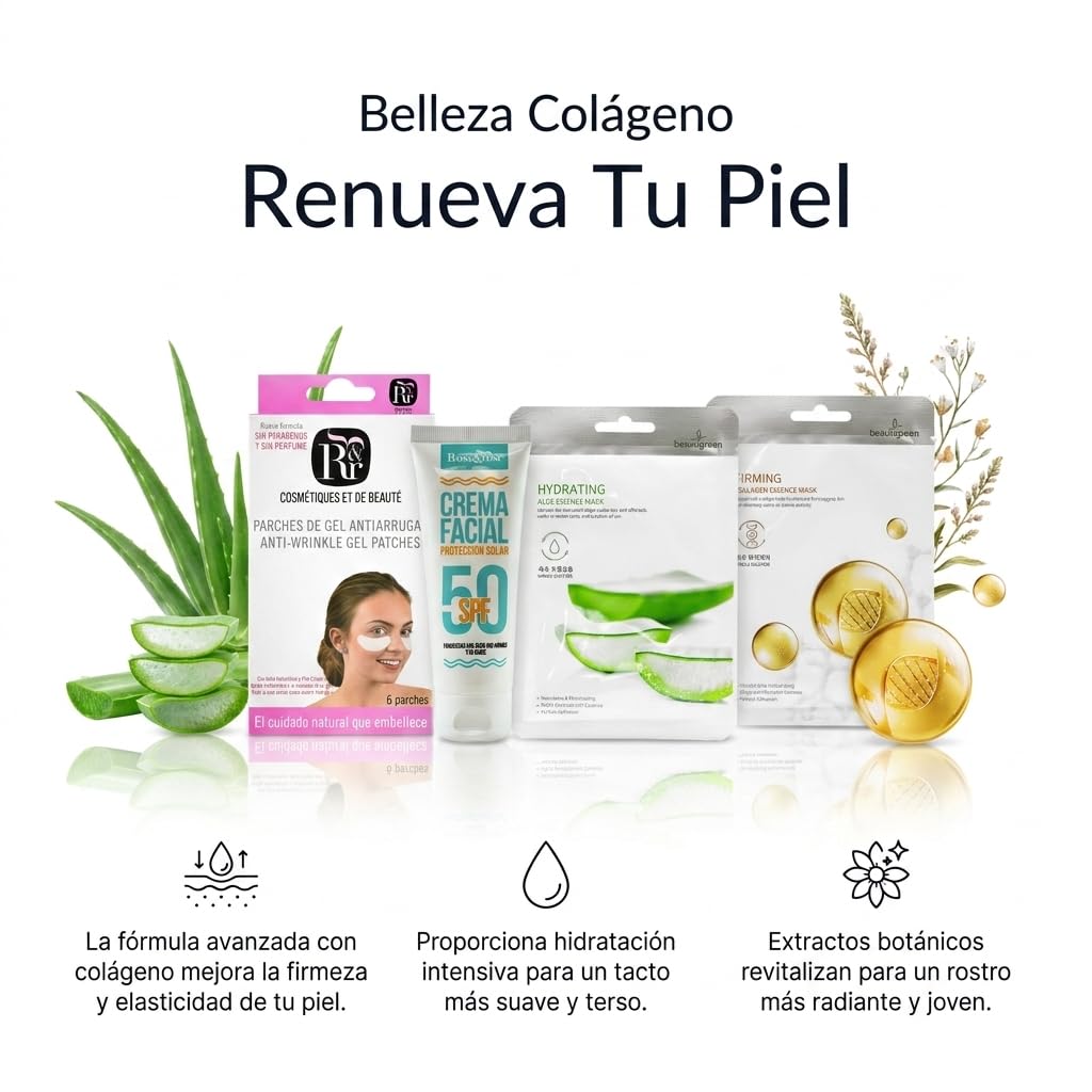 Rose & Rose Kit de Cuidado Facial Completo | Crema Solar Facial SPF 50+ + Mascarilla de Colágeno + Mascarilla de Aloe Vera + Parches de Gel para Ojos | Hidratación, Protección y Revitalización Facial